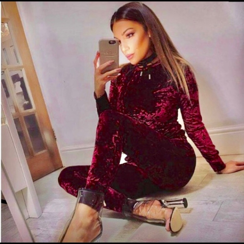 Burgundy Crushed Velvet Pants and Top.